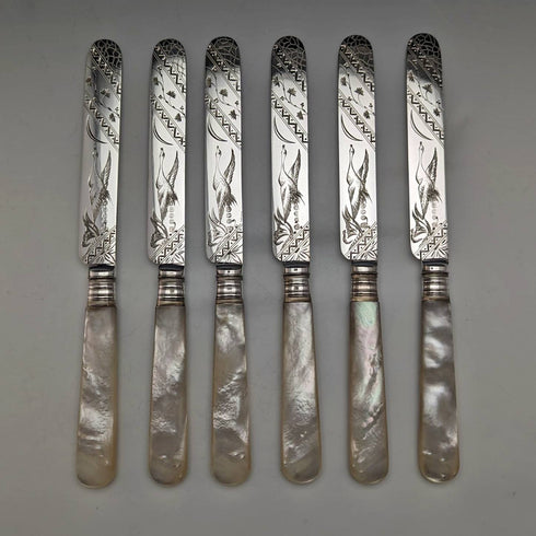 1880年英國古董白色蝴蝶貝殼手柄甜品餐具6對套裝William Batt and Sons木盒